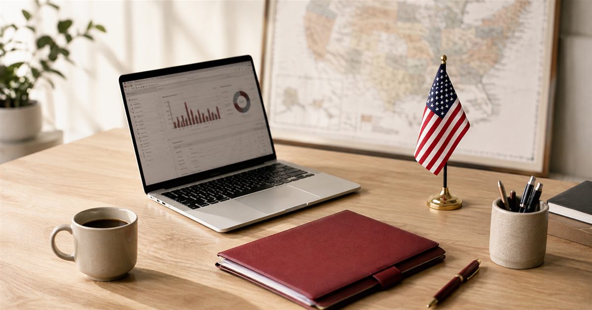 Bureau avec ordinateur portable, drapeau américain et dossier, illustration de l'article création de société aux États-Unis